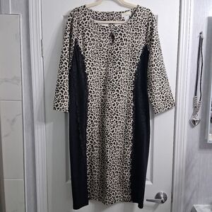 Alessa W Leopard & Lace Dress Slimming Side Panels Lace Detail Keyhole Zip Back